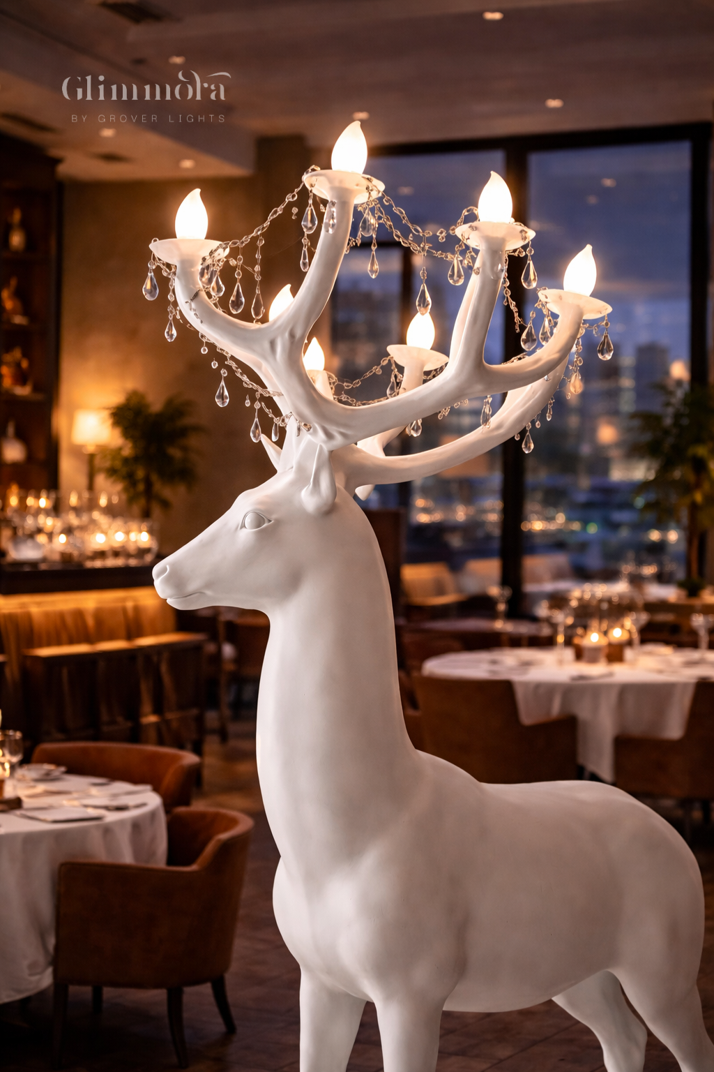 Majestic Deer Sculpture Floor Lamp with Antler Chandelier Lighting