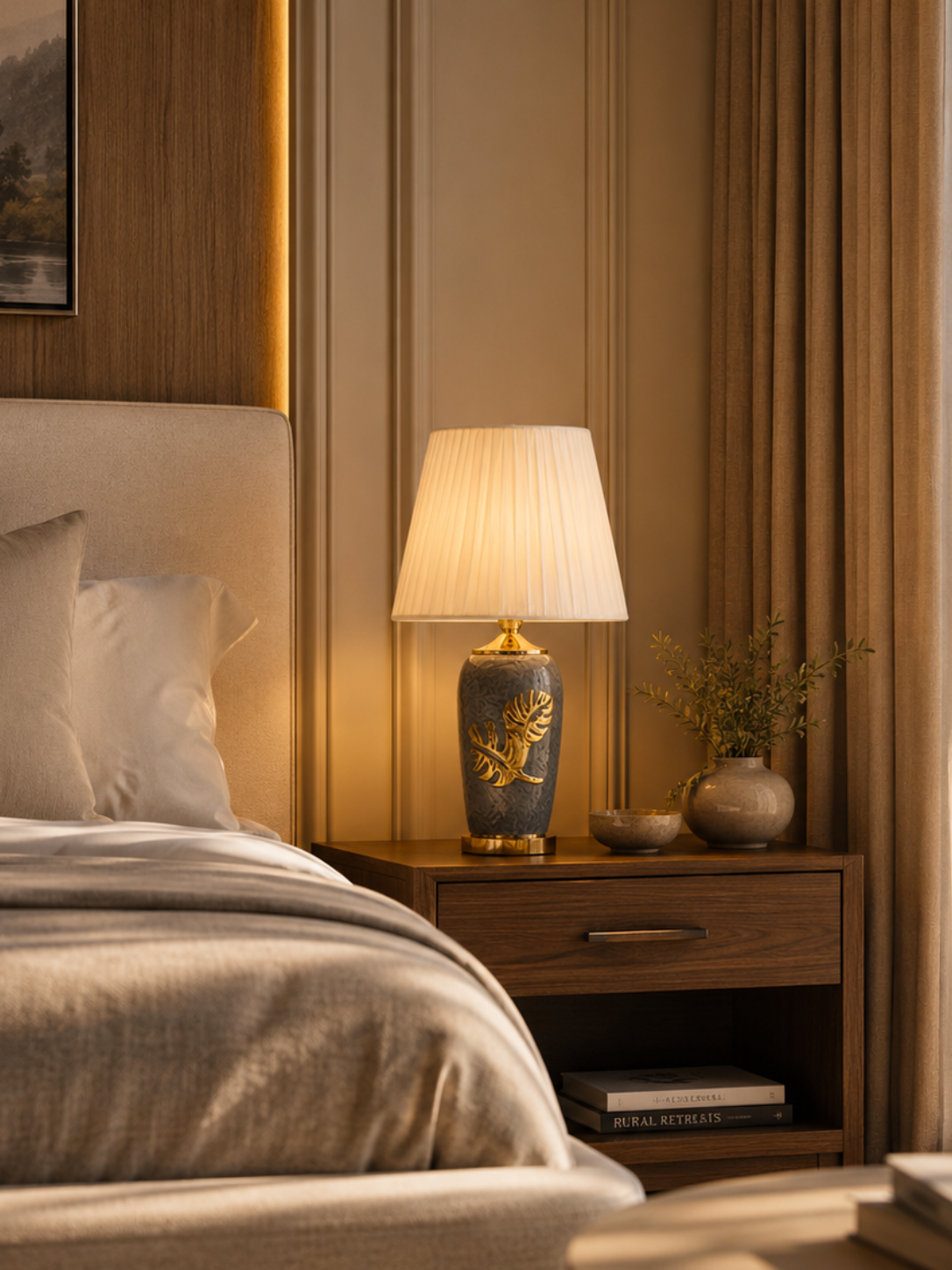 Designer Leaf Pattern Table Lamp with Fabric Shade – Bedroom & Living Room Decor Lamp