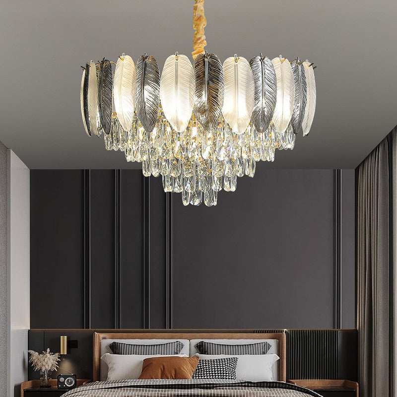 Feather Glint: Glass Crystal Gold Chandelier