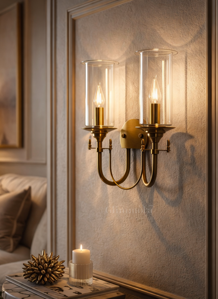 Stella Brass & Glass Double-Shade Wall Light for Bedroom & Living Spaces