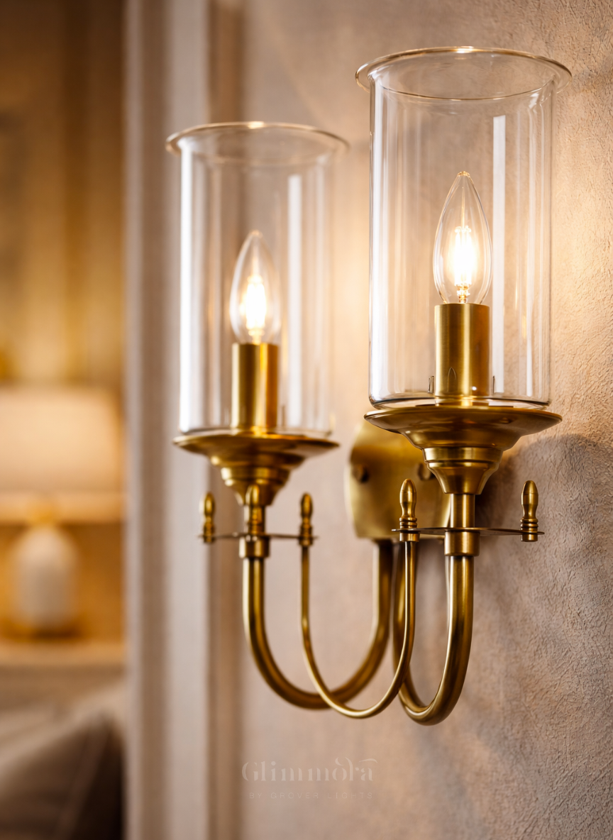 Stella Brass & Glass Double-Shade Wall Light for Bedroom & Living Spaces