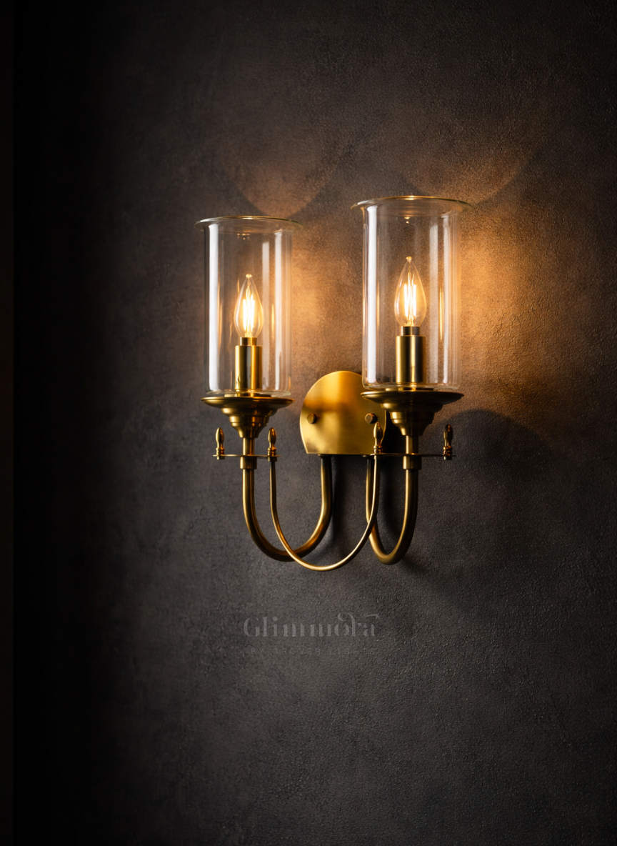 Stella Brass & Glass Double-Shade Wall Light for Bedroom & Living Spaces
