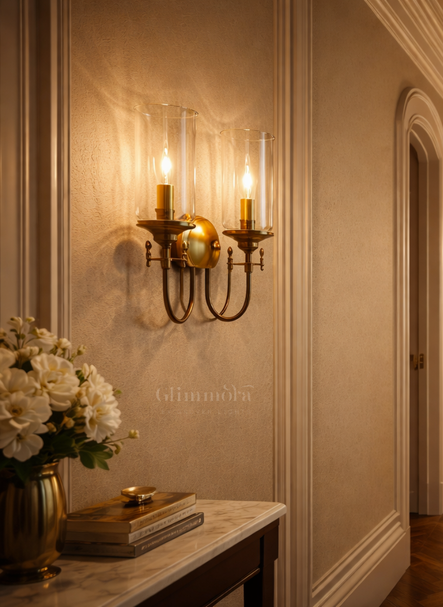 Stella Brass & Glass Double-Shade Wall Light for Bedroom & Living Spaces