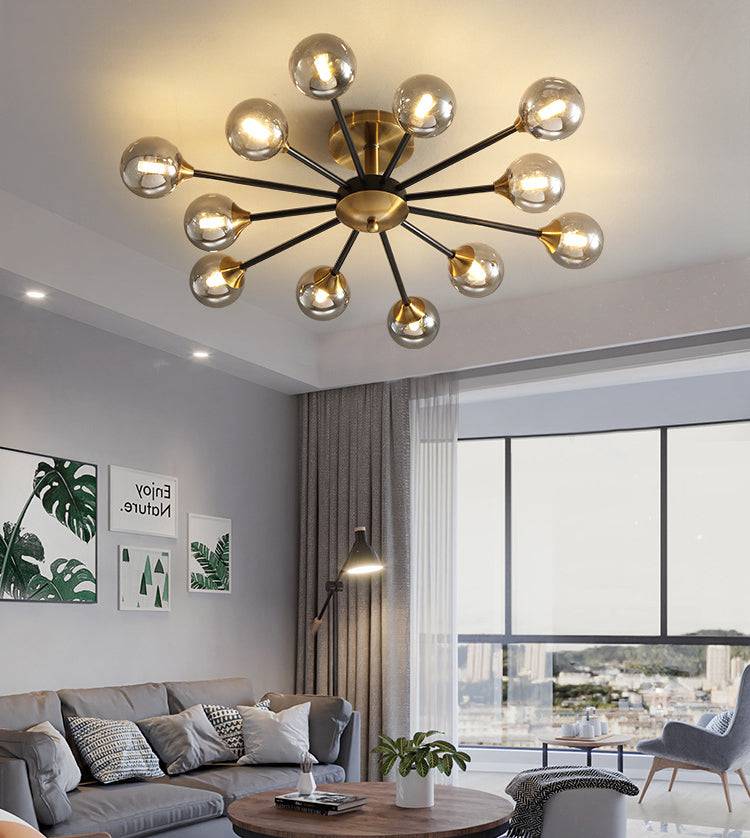 Exquisite 12-Light Gold Black Amber Glass Chandelier