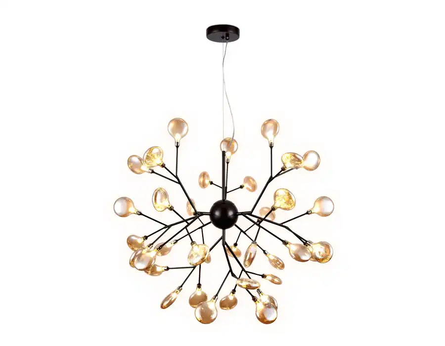 36 Lights Amber/ Smoke Ball Firefly Black Chandelier