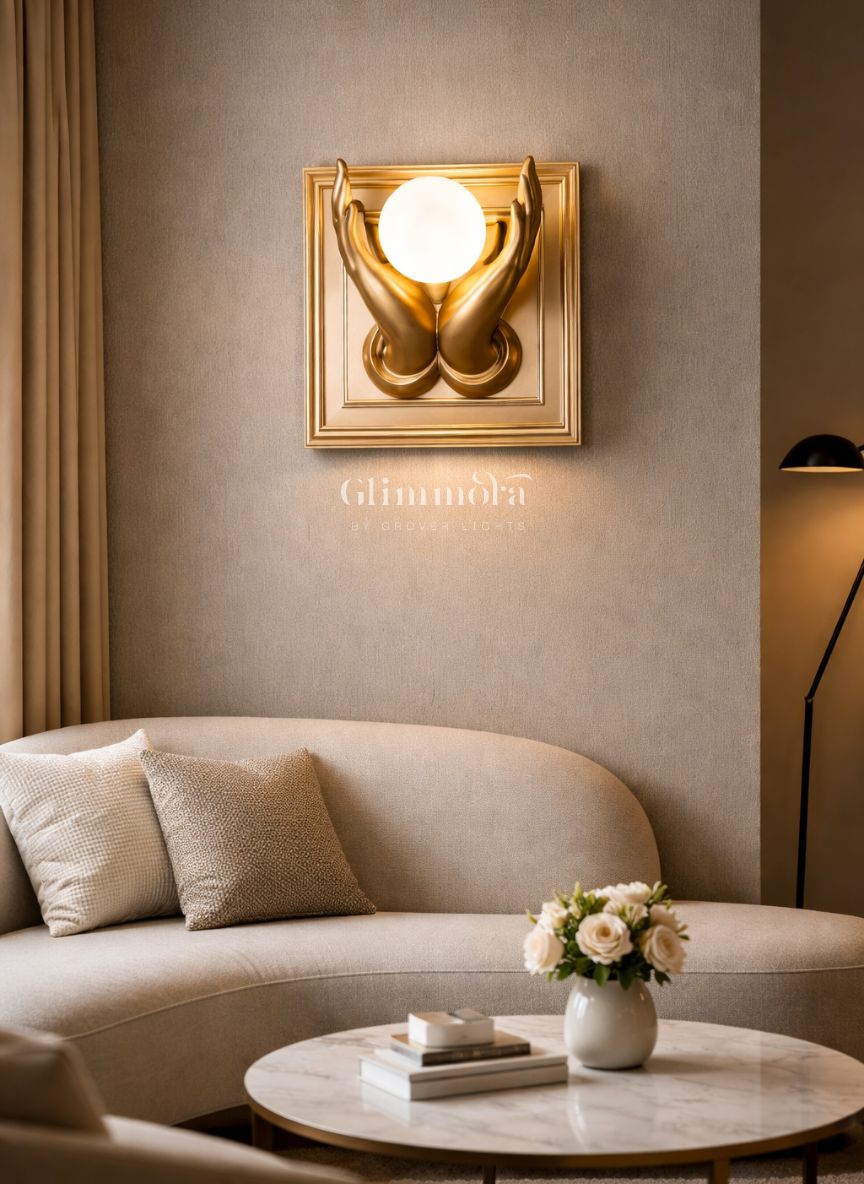 Artistic Golden Hands LED Wall Light with Opal Globe