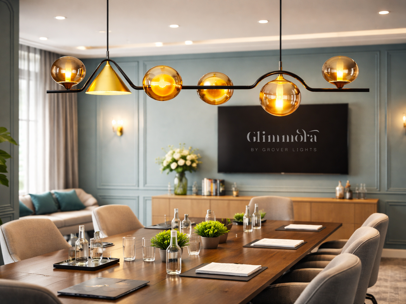 Linear Amber Glass Chandelier with Black Metal Frame