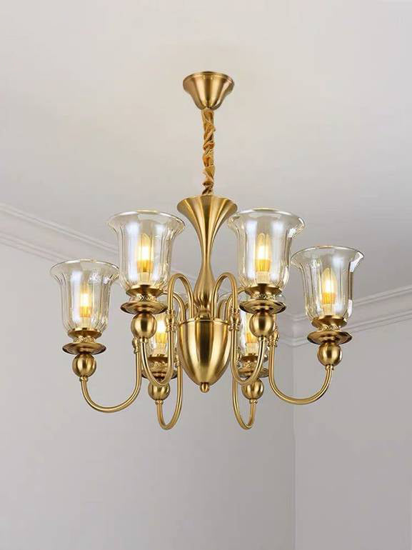 6 Light Champagne Glass Brass Italian Chandelier