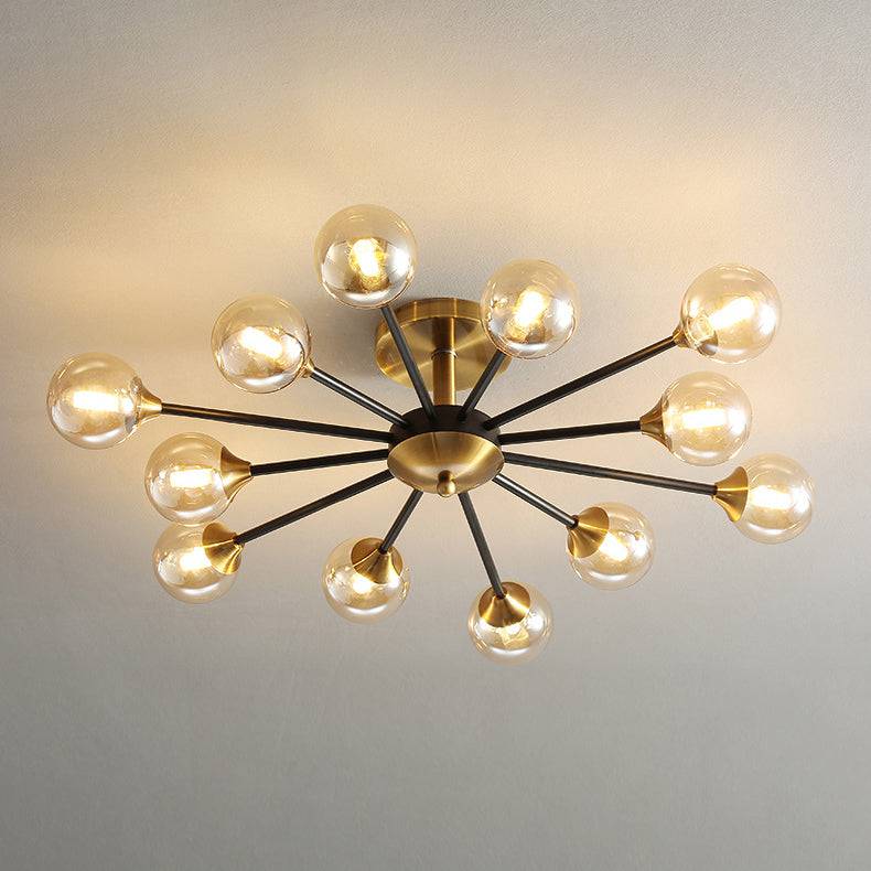 Exquisite 12-Light Gold Black Amber Glass Chandelier