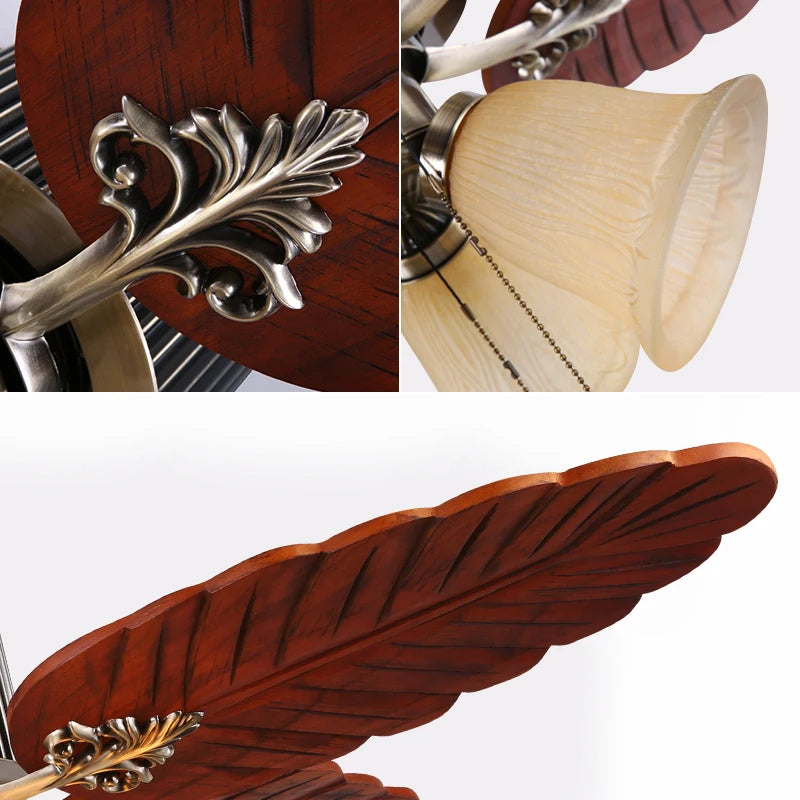 Havana Breeze (48 inches Span, Dark Brown Leaf-Shaped Blades, Frosted Glass Chandelier) Ceiling Fan