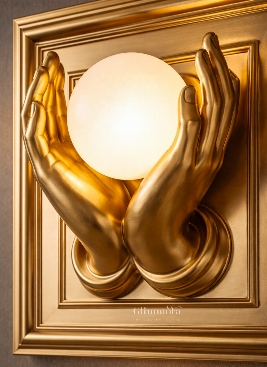 Artistic Golden Hands LED Wall Light with Opal Globe