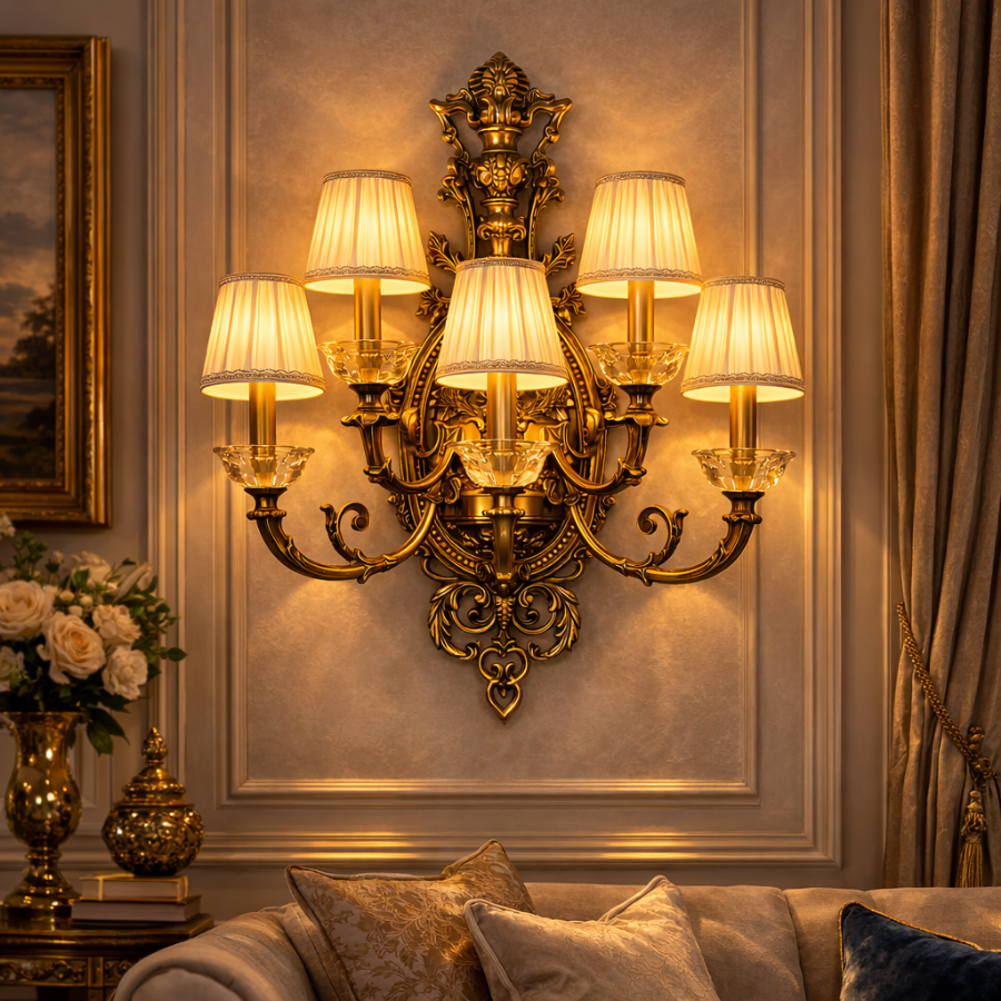 Royal Antique Gold 5-Light Crystal Wall Sconce