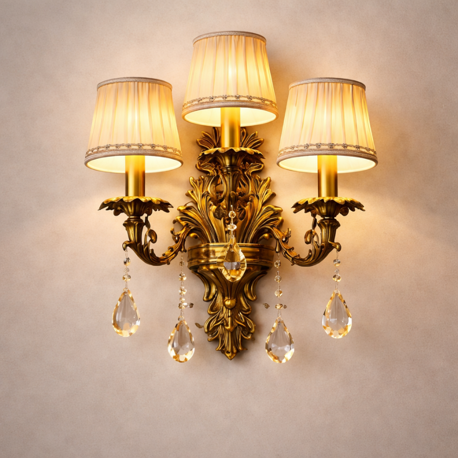 Luxury Antique Gold Crystal Wall Sconce – 3 Light Vintage Decorative Wall Lamp