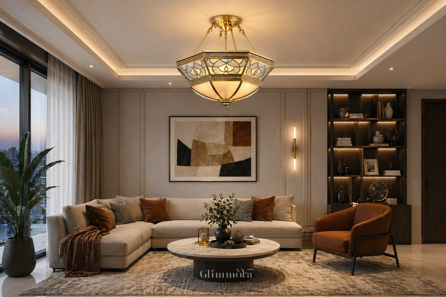 Geometric Brass Semi-Flush Ceiling Chandelier