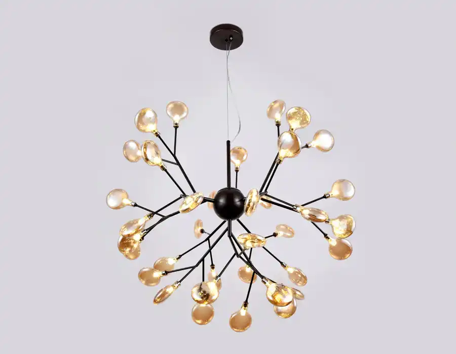 36 Lights Amber/ Smoke Ball Firefly Black Chandelier