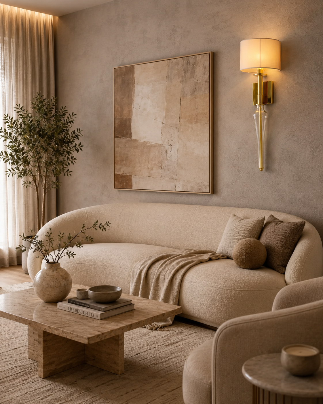 Luxury Brushed Brass Wall Light with Fabric Shade & Amber Glass