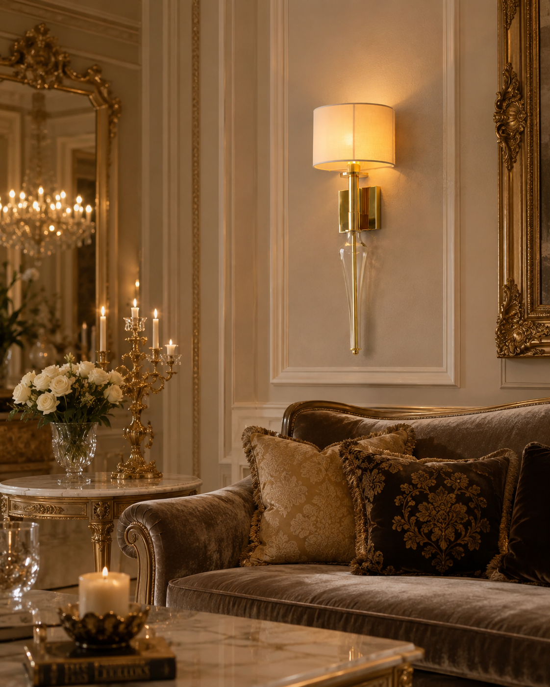 Luxury Brushed Brass Wall Light with Fabric Shade & Amber Glass