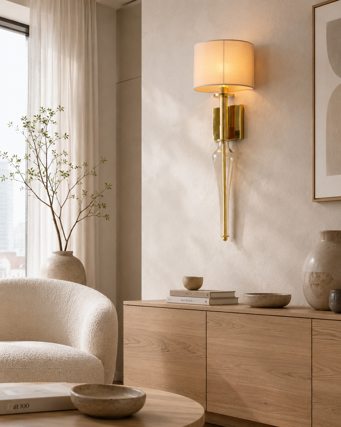 Luxury Brushed Brass Wall Light with Fabric Shade & Amber Glass