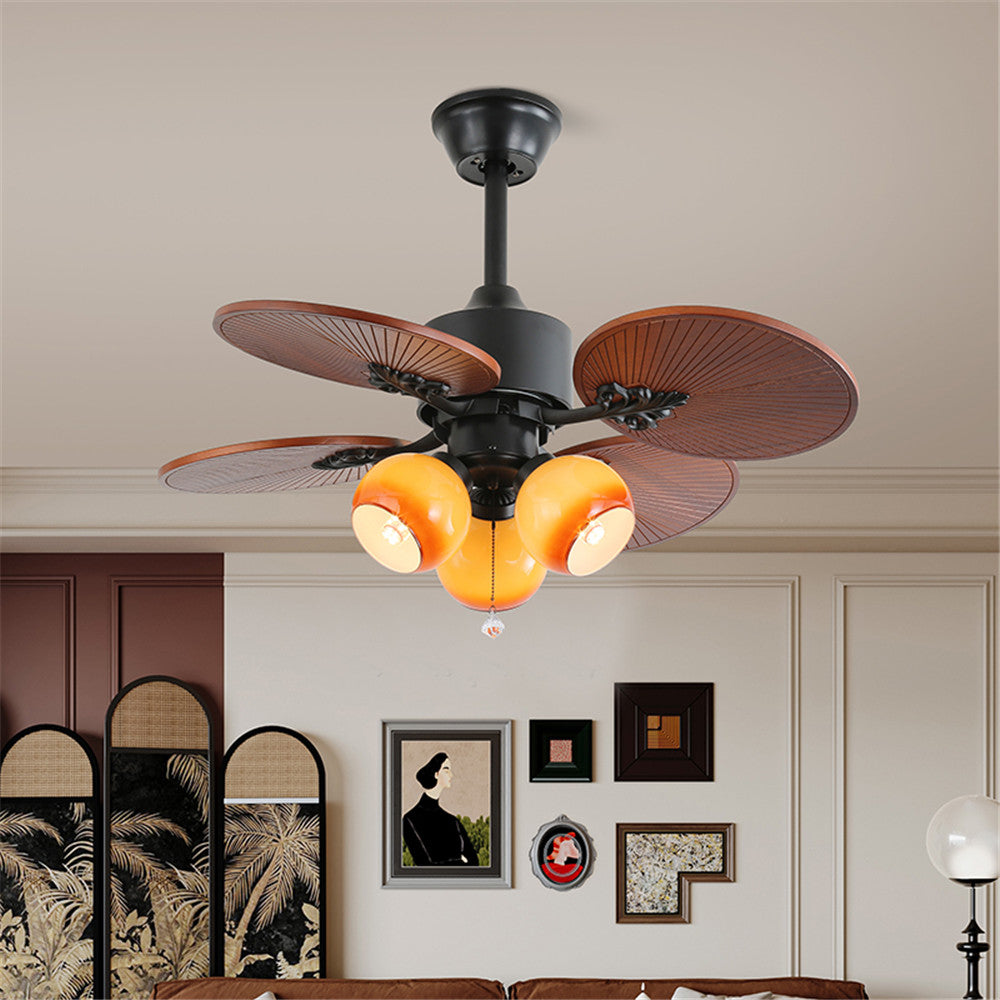 Tropical Palm Leaf Retractable Ceiling Fan + Chandelier