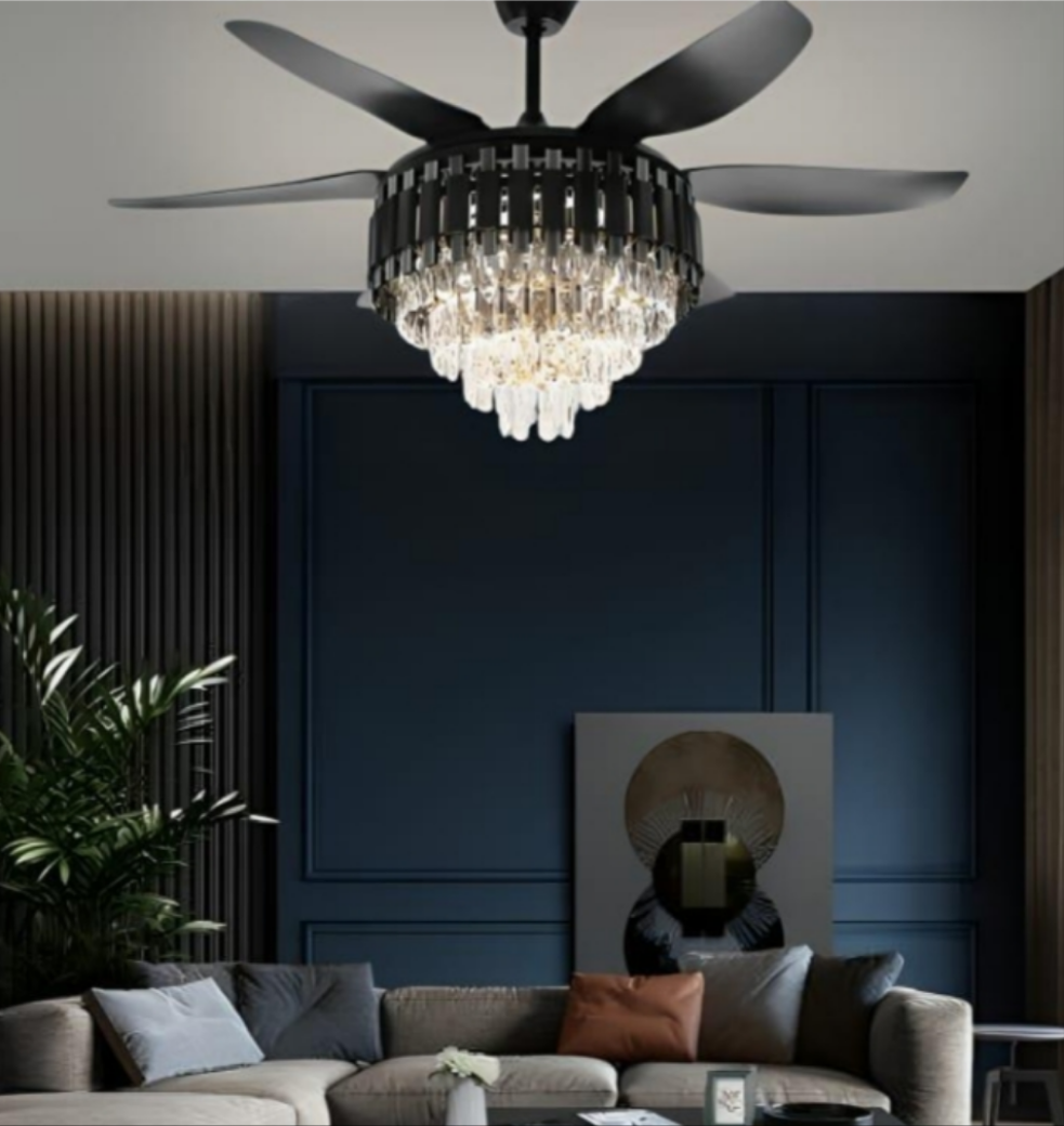 Crystal Ceiling Fan Black Gold Chandelier