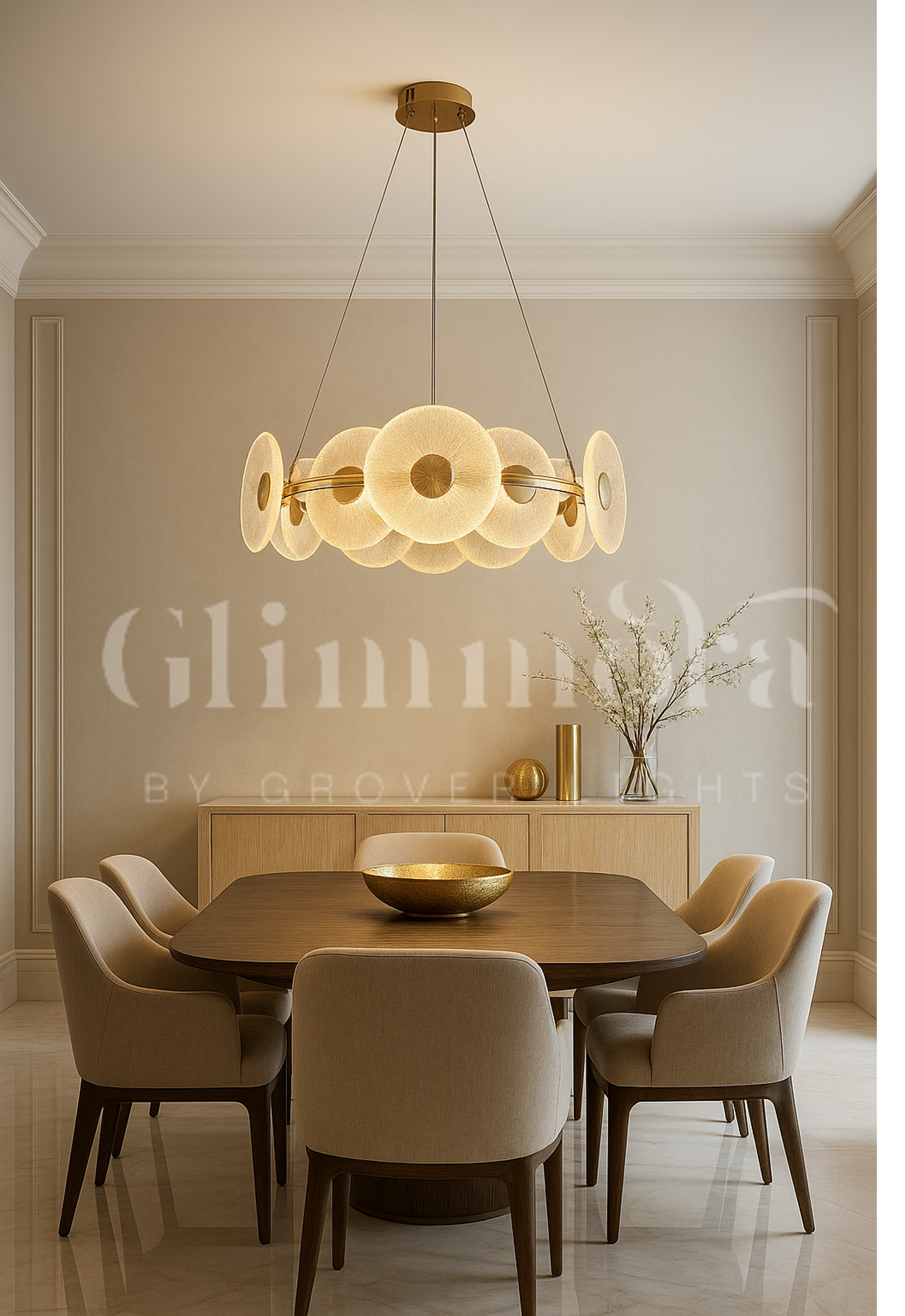 Kissed by Gold (24 Inches, Tri-Color Floral Glass Disc) Chandelier