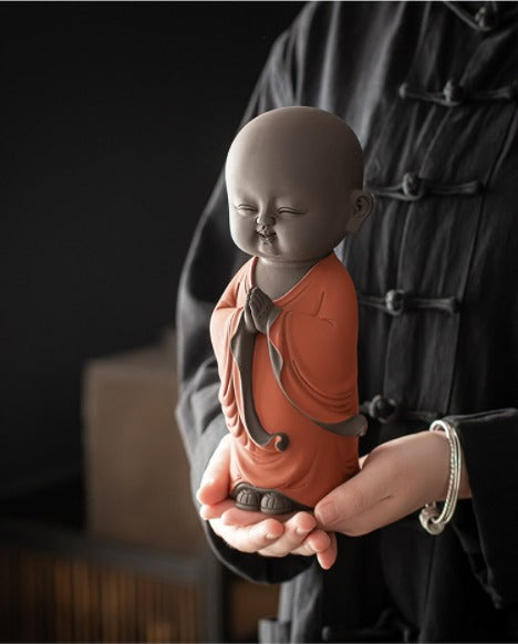 Namaste Buddha Monk: Smiling (Orange) Blessing Sculpture