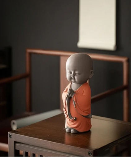 Namaste Buddha Monk: Smiling (Orange) Blessing Sculpture