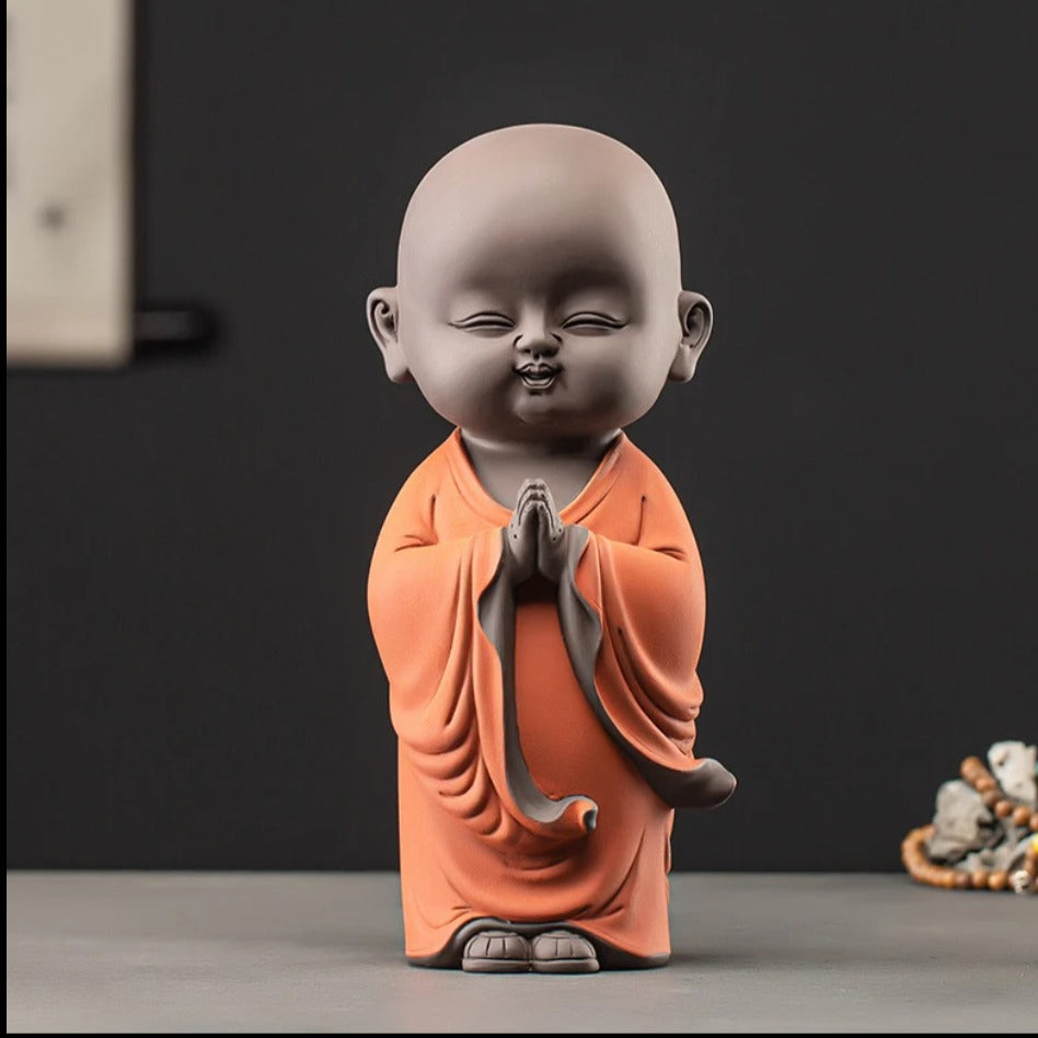 Namaste Buddha Monk: Smiling (Orange) Blessing Sculpture