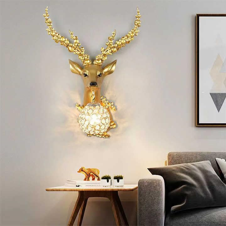 Golden Crystal Deer Head Wall Lamp