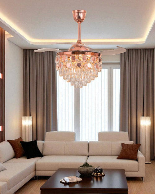 Luxury Rose Gold Retractable Ceiling Fan + Chandelier Light (with Remote Control)