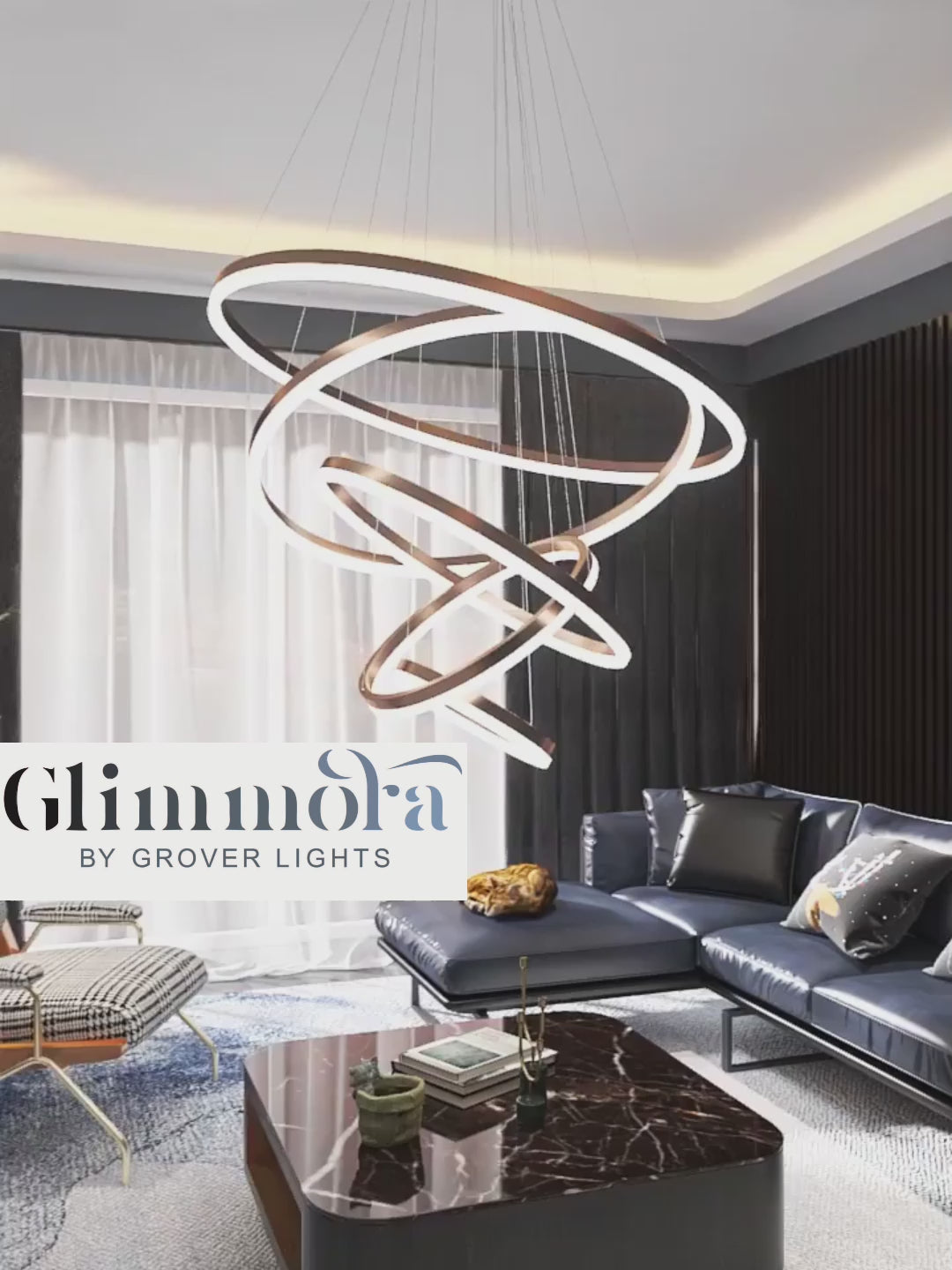 Modern LED 5 Rings Chandelier (Coffee)