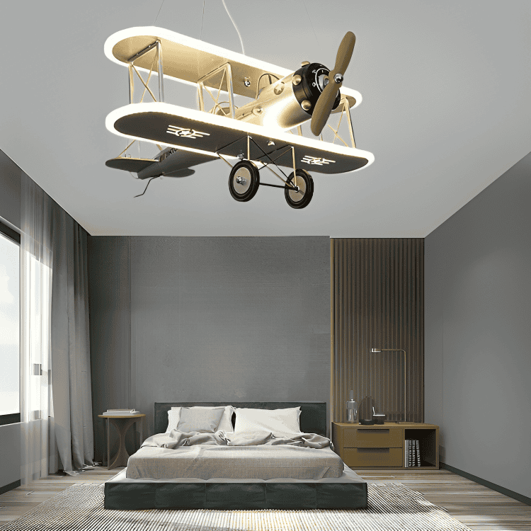 Airplane Modern Art Deco Cartoon Biplane LED Suspended Light Chandelier Fan For Boys Bedroom Children's Room