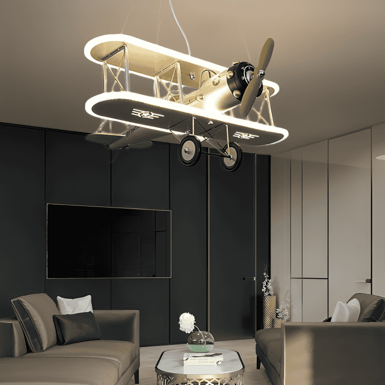 Airplane Modern Art Deco Cartoon Biplane LED Suspended Light Chandelier Fan For Boys Bedroom Children's Room